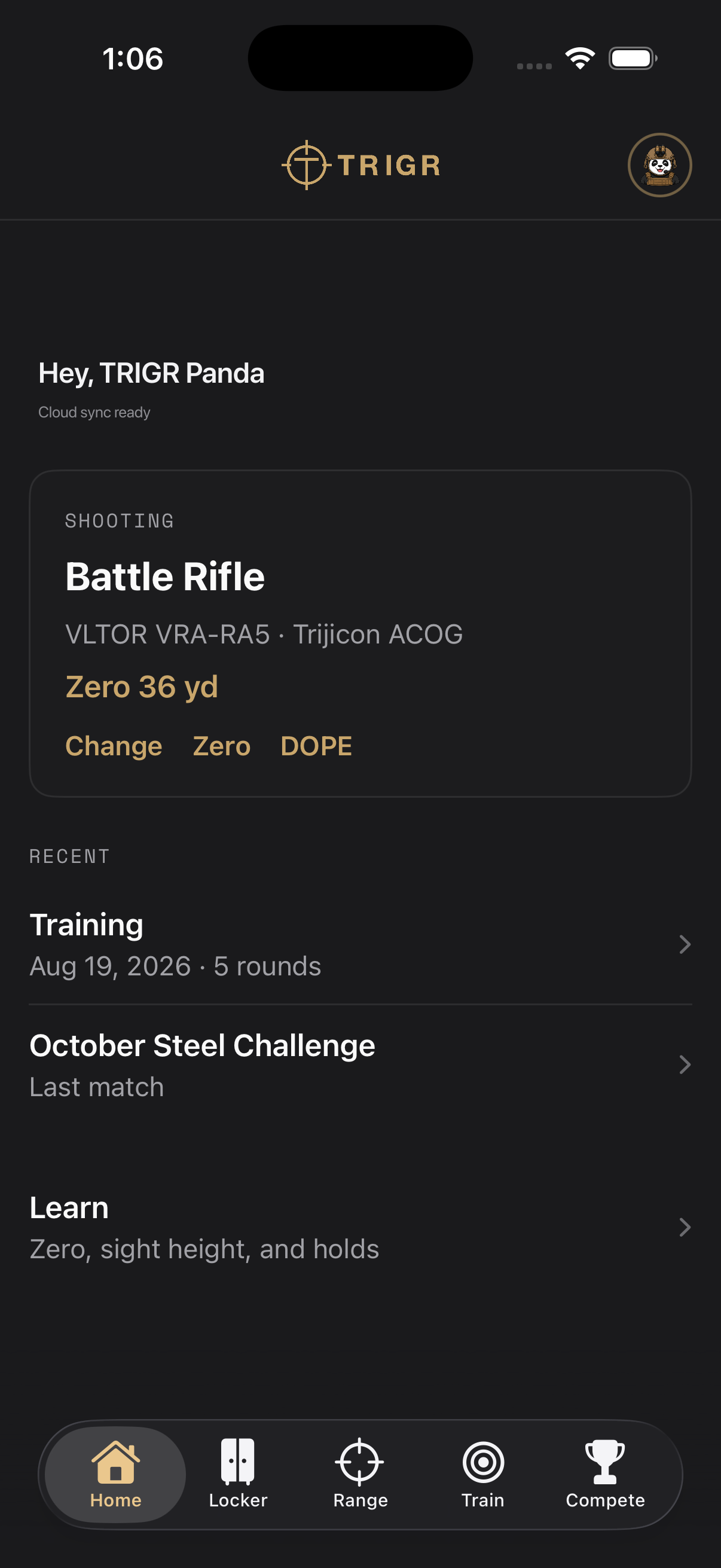 TRIGR Home tab with current Setup, Zero and DOPE shortcuts, and recent activity.