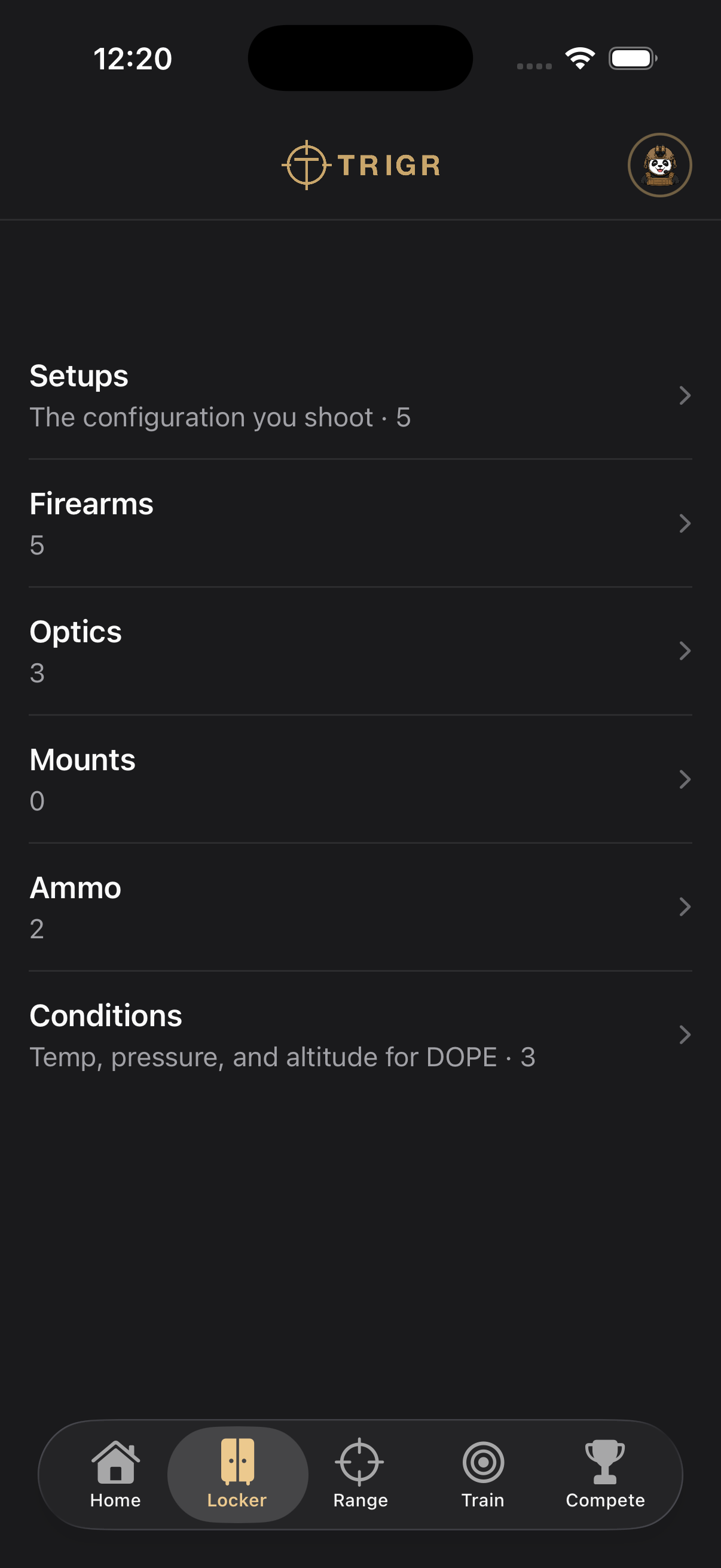 TRIGR Locker tab listing Setups, Firearms, Optics, Mounts, Ammo, and Conditions.