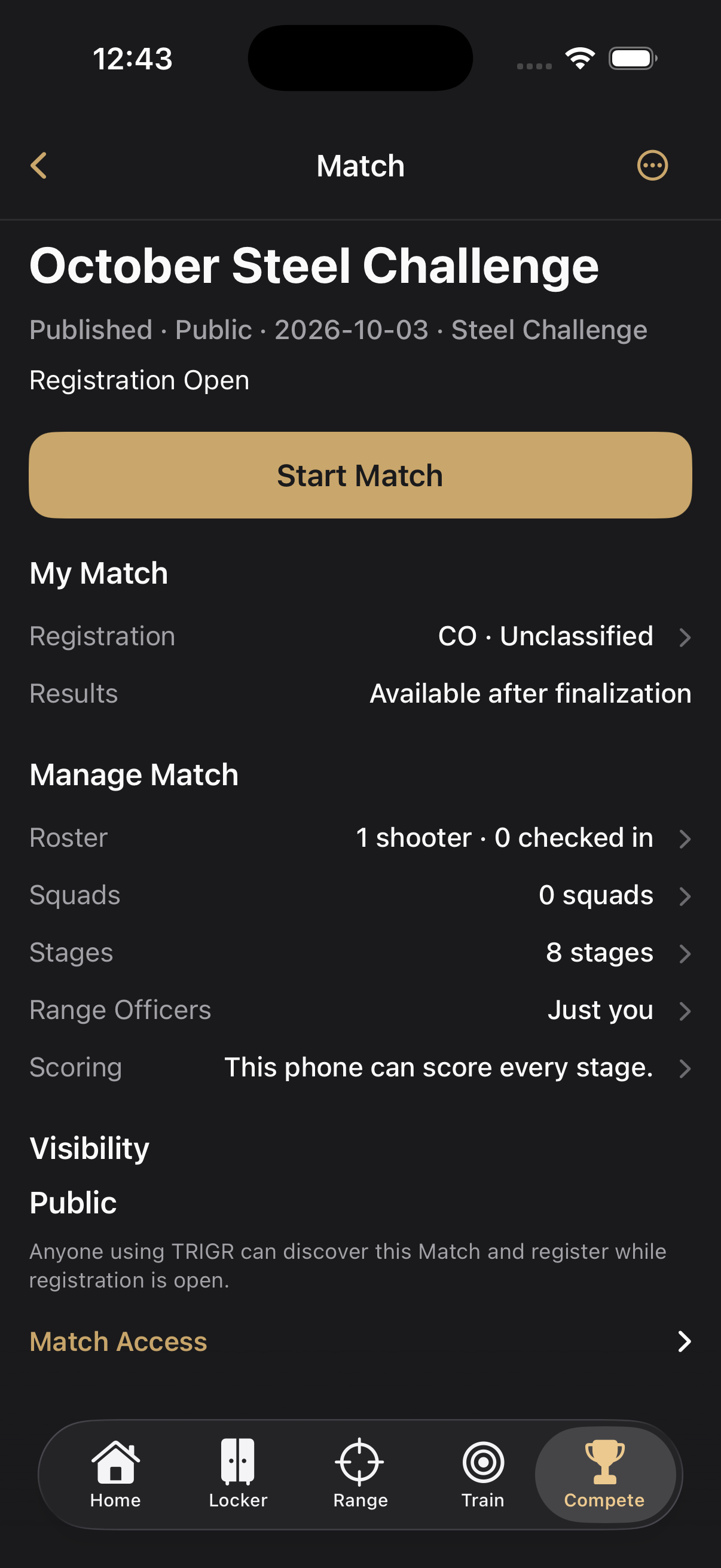 TRIGR Compete Match Overview with match identity, Start Match, and manage sections.