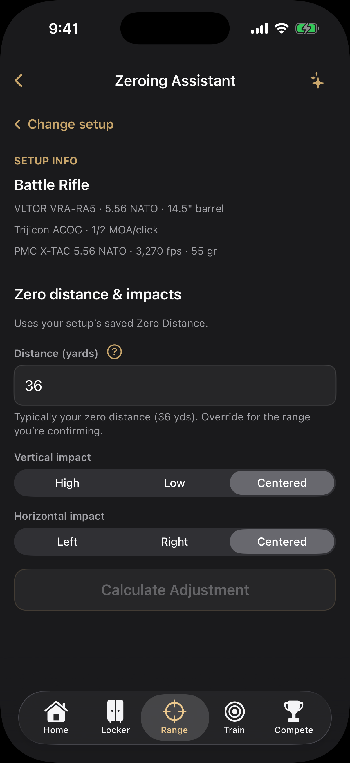 TRIGR Zeroing Assistant showing Setup info and impact selectors.