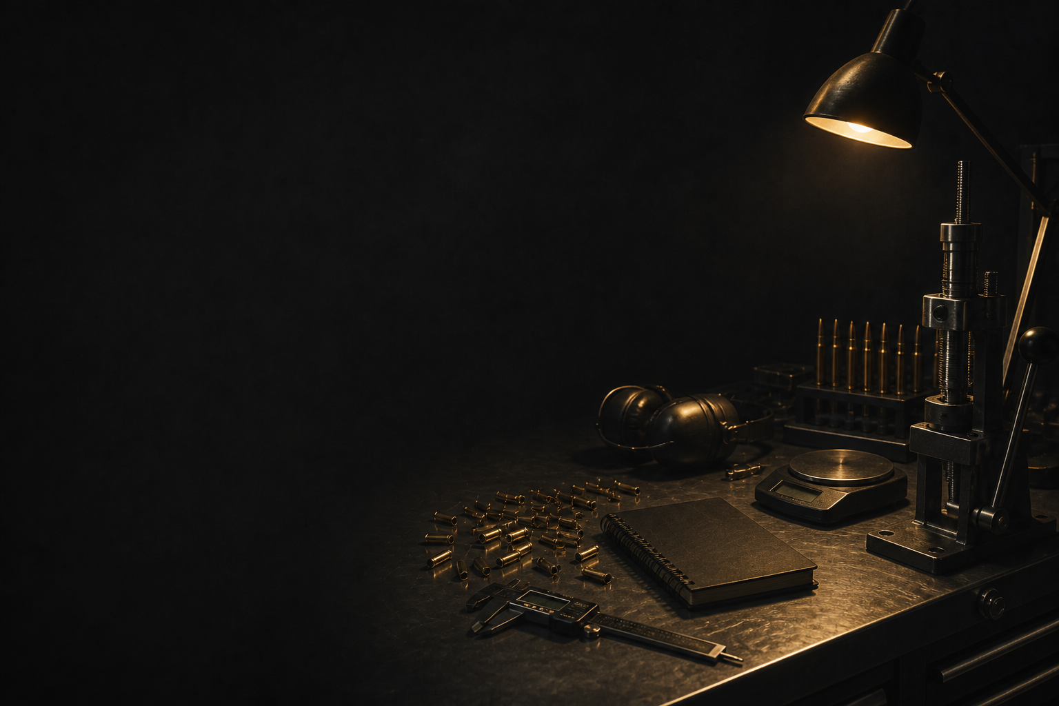 Night loading bench with brass, calipers, and a closed notebook under a gold desk lamp.