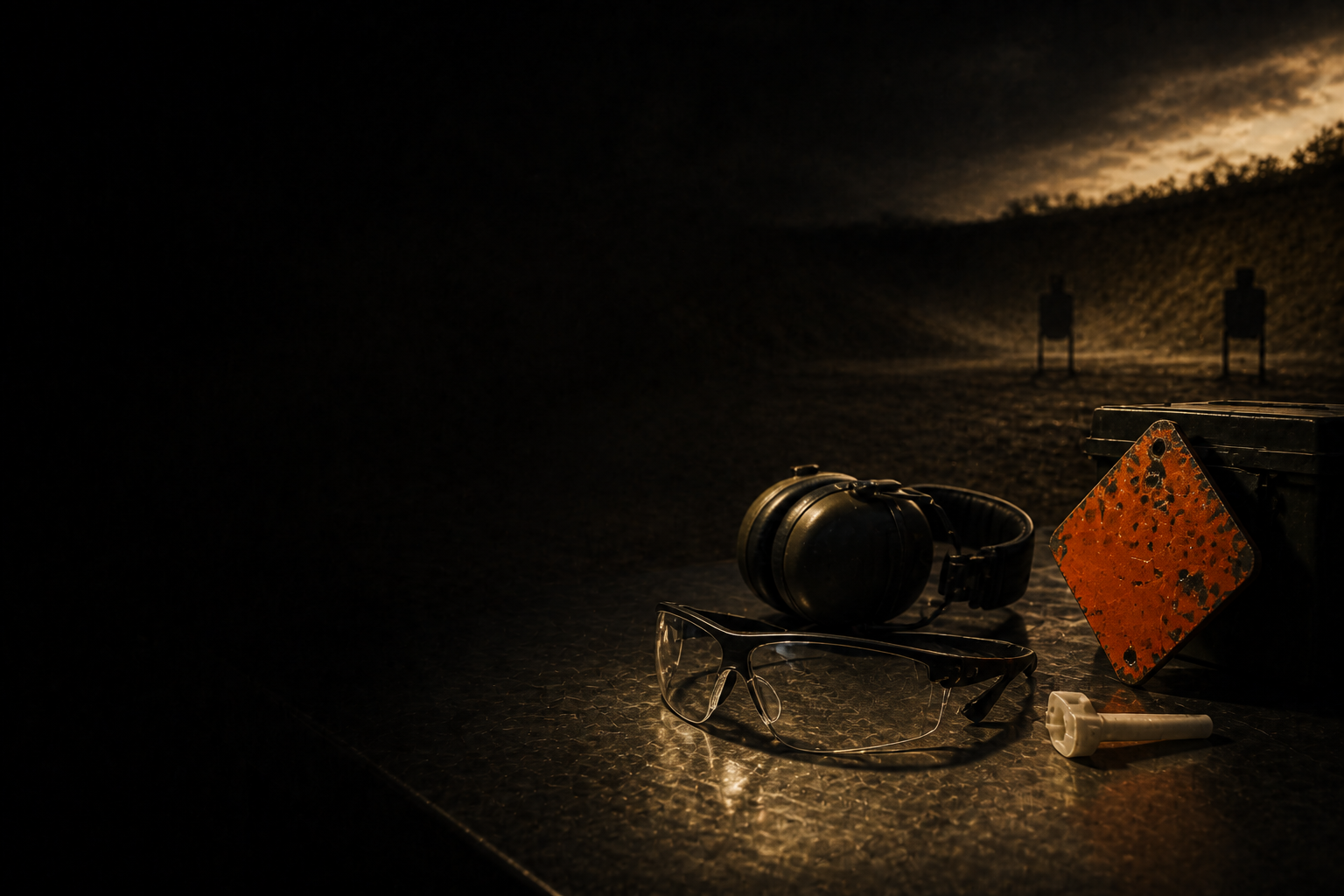 Shooting glasses, electronic earpro, and a chamber flag on a bench in gold lamp light.
