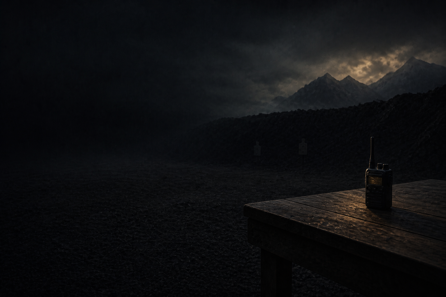 Empty dusk range bay with a shooting bench and a radio catching gold rim light.