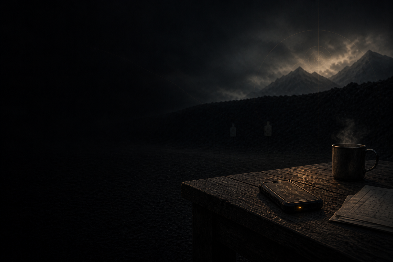 Phone face-down on a dusk range bench beside a mug and a folded range card.