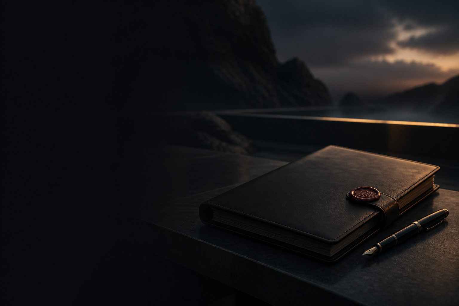 Closed binder and pen on a steel bench under gold lamp light, dark mist behind.