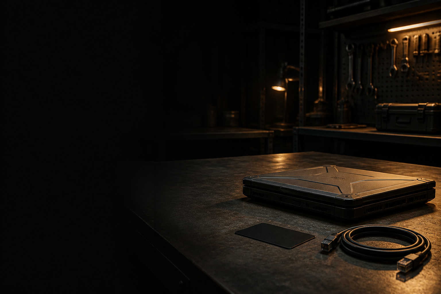 Dark workshop bench with a closed laptop and coiled cable under gold rim light.