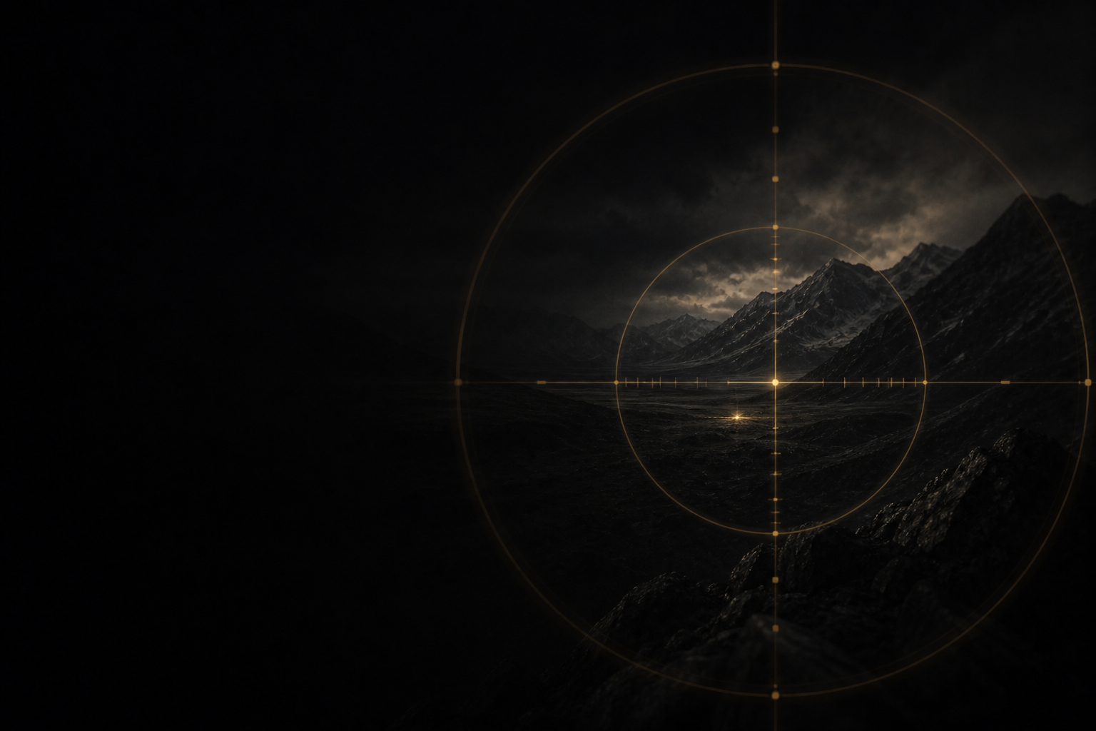 Faint gold mil-dot reticle over a dark valley, one distant impact glint.