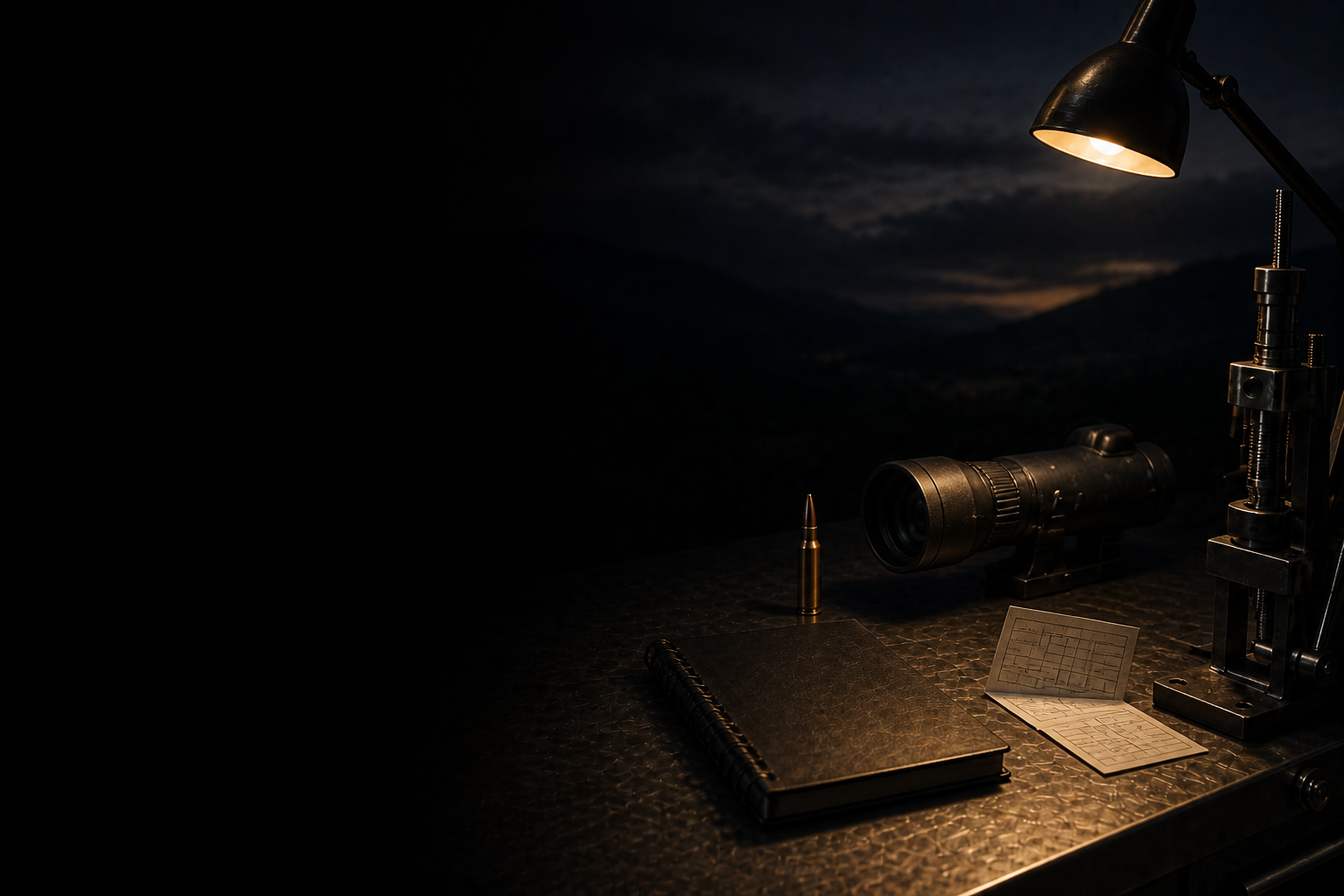 Dusk steel bench with a closed range-card binder, brass cartridge, and spotting scope under gold lamp light, dark left for title space.
