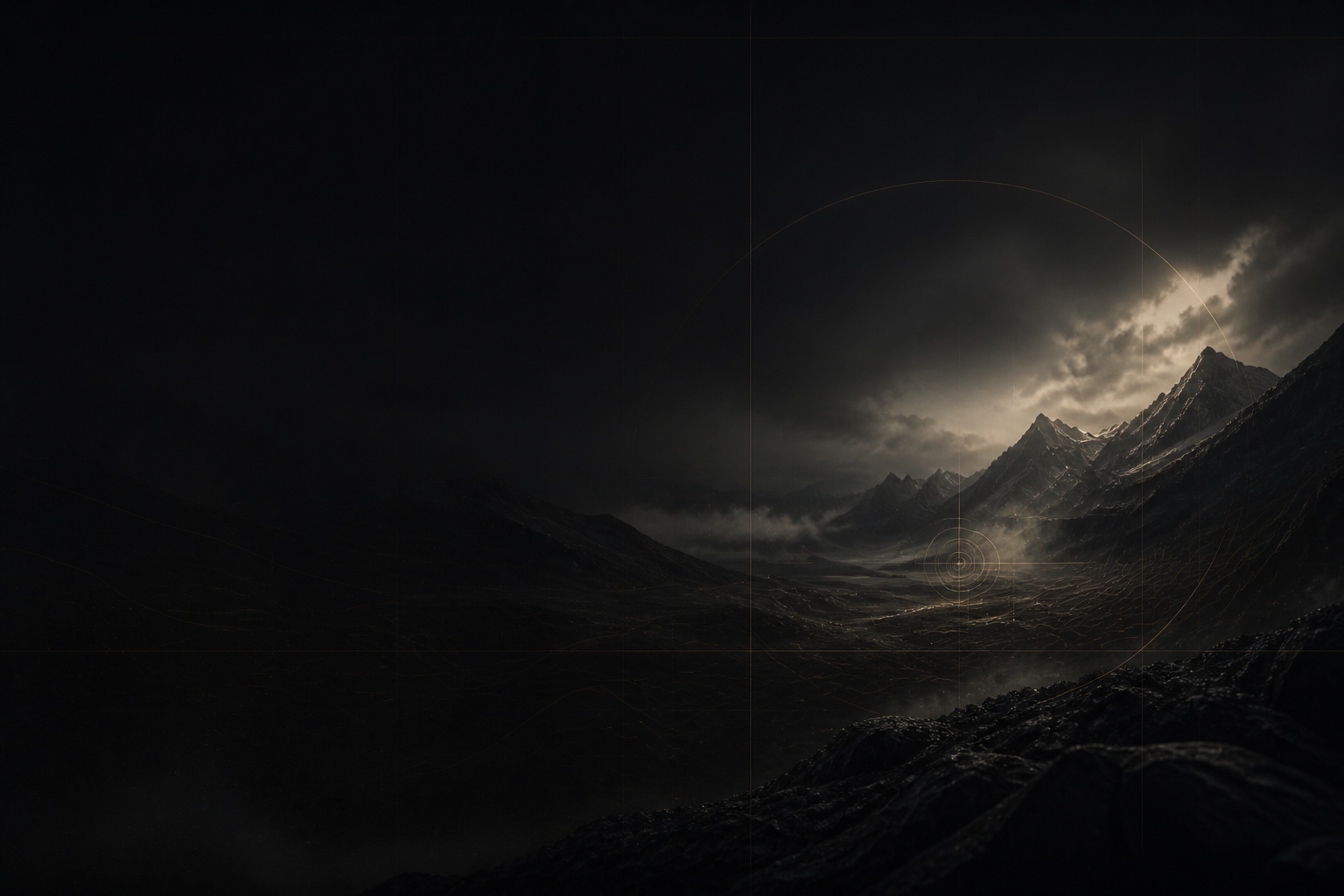 Dark misty ridgeline with sparse gold contour lines, like a quiet ballistic map.