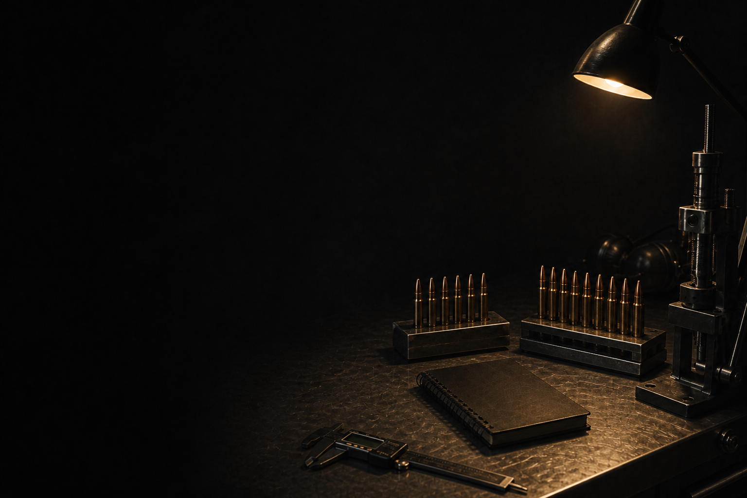 Two loading blocks of rifle cartridges on a steel bench under a gold lamp, dark workshop left.