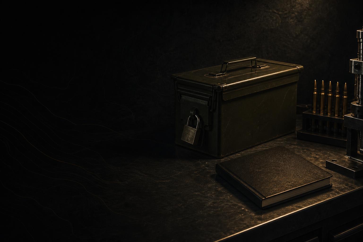 Locked ammo can and closed range log on a steel bench under a gold desk lamp.