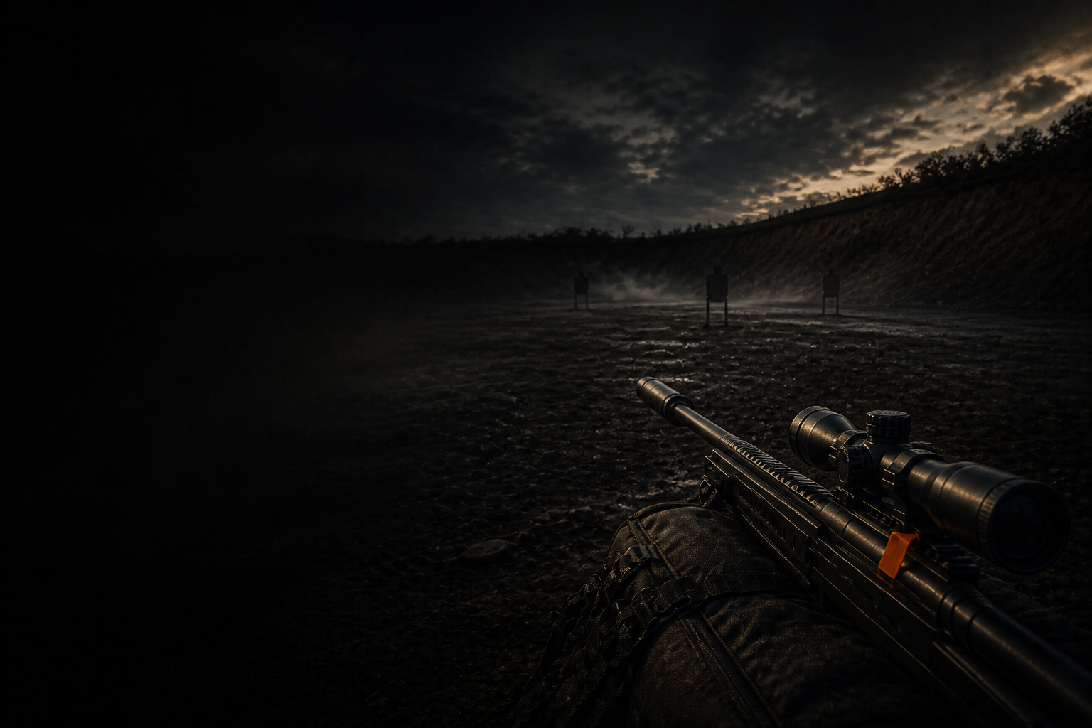 Rifle on a bag with a chamber flag inserted, steel targets downrange at dusk.