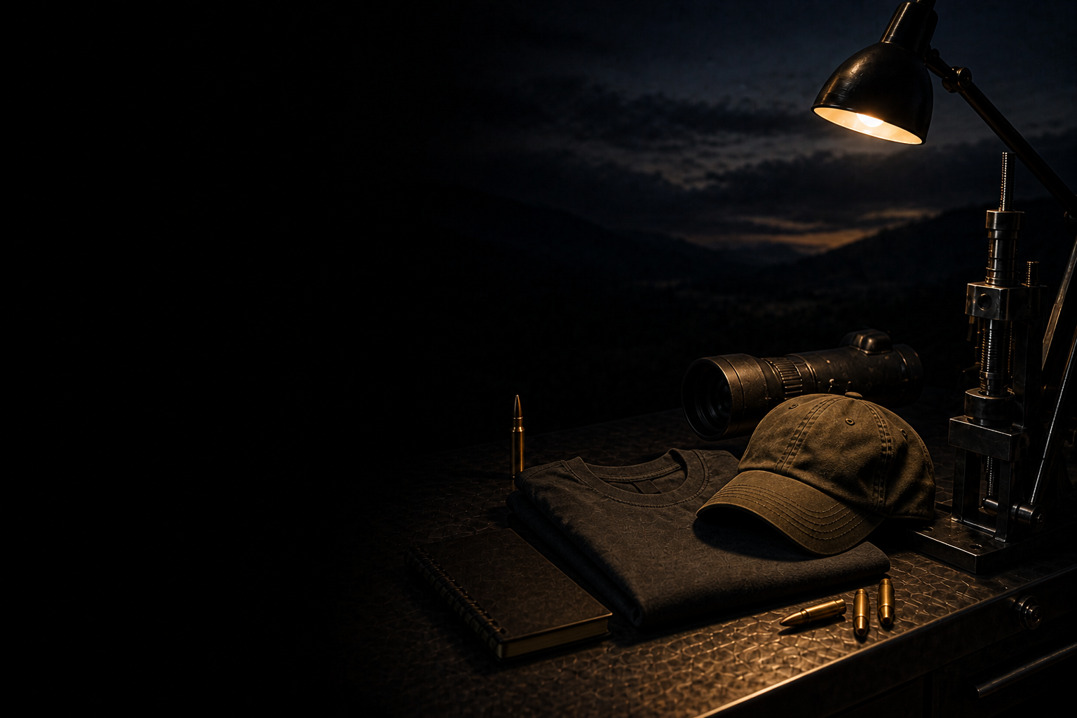 Folded dark shirt and cap on a dusk steel bench under gold lamp light, left third dark for the title.
