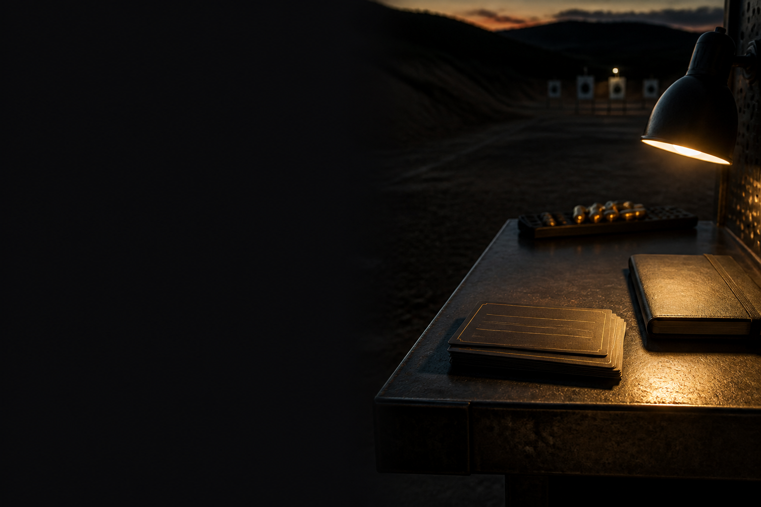 Blank range cards and a closed notebook on a dusk shooting bench under a gold lamp.