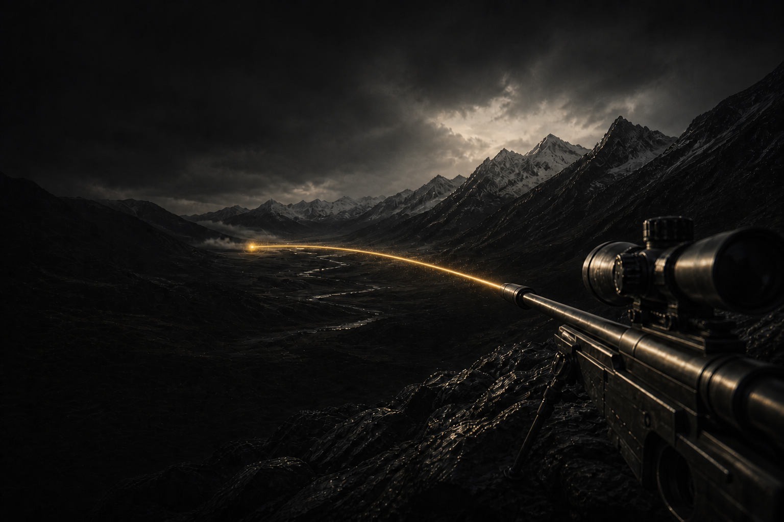 Rifle in the foreground, golden tracer leaving the muzzle toward a distant impact.