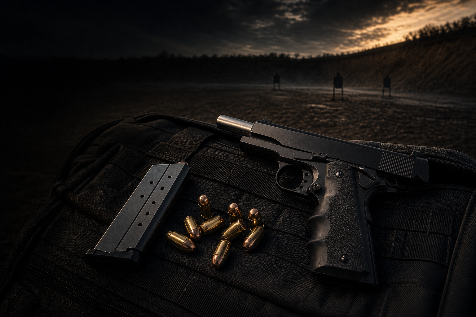 1911 pistol on a dusk range bag with the slide locked open, empty chamber visible, magazine and loose rounds beside it.