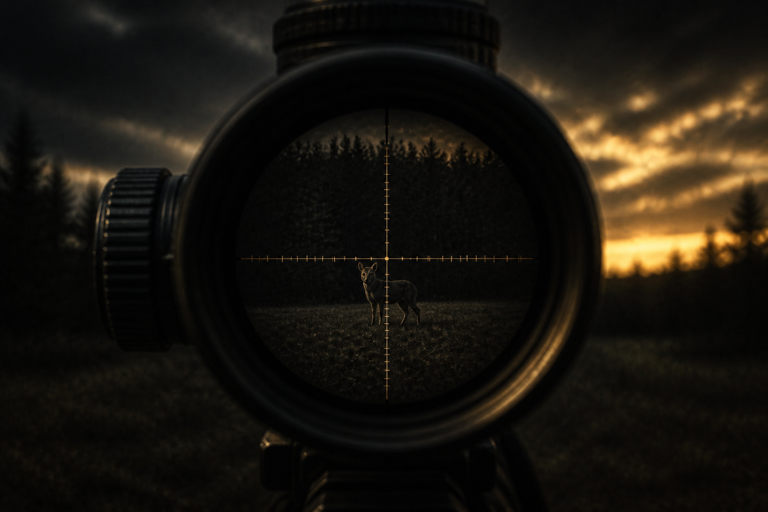 View through a rifle scope at dusk with a coyote in the reticle and a dark tree line beyond.