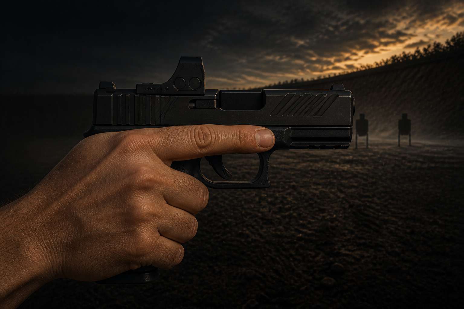 Bare hand on a pistol with the index finger straight along the frame above the trigger guard, dusk range beyond.