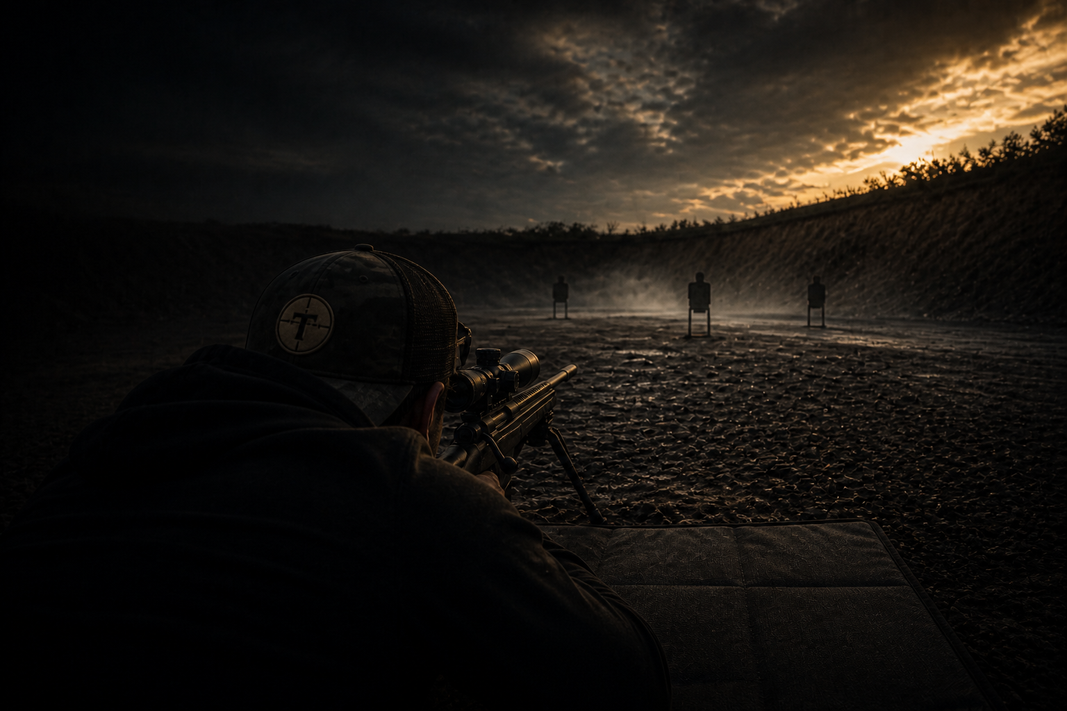 Prone shooter facing downrange at steel targets with a berm beyond, dusk gold light.